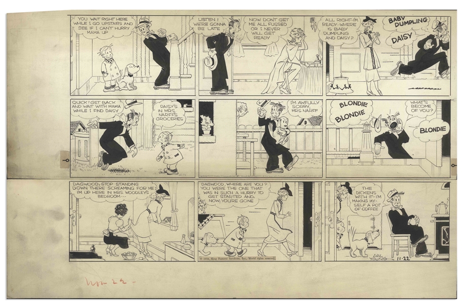 Chic Young Hand-Drawn ''Blondie'' Sunday Comic Strip From 1936 -- The Family Tries to Get Out of the House on Time